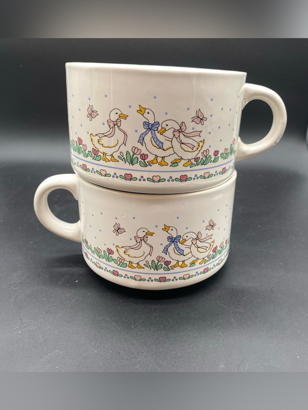 Ceramic Geese and Hearts Pattern Soup Mugs – Set of 2